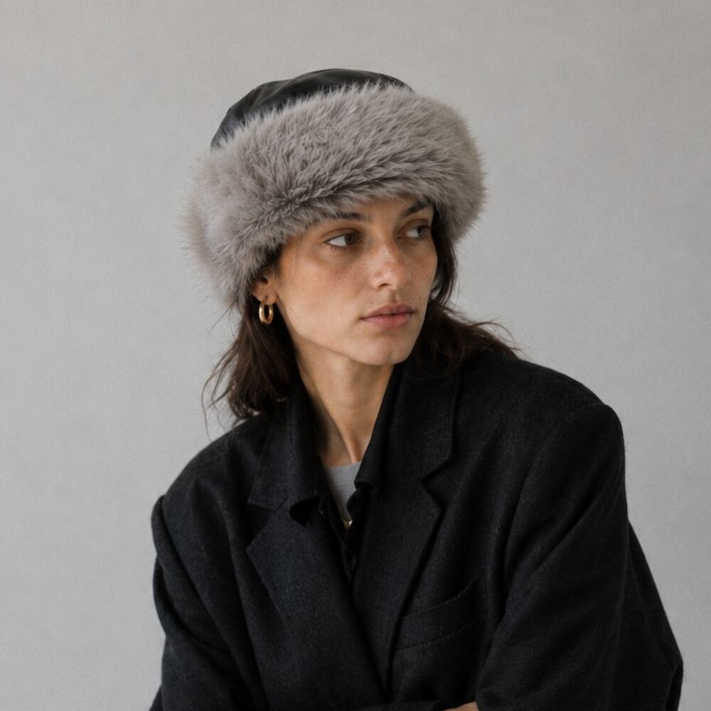 Hermès Hermes Fur Lamb Leather Hat Womens 58 Black/BrownGray